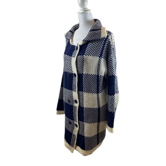 JOA Los Angeles Plaid Wool Blend Cardigan Sweater Ladies Navy Ivory Size Medium - Picture 8 of 12
